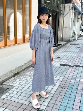 「Kastane（カスタネ）のクローシュHAT（ハット）」を使った、hamamoto hiyoriさん（レディース・156cm）の夏コーディネート