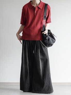 「welise（ウェライズ）の【welise/ウェライズ】サマースムースニット メニーボタン 半袖 ショート丈 ポロシャツ（ポロシャツ、レッド系）」を使った、翔【低身長コーデ】さん（メンズ・167cm）の夏コーディネート
