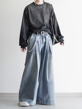 「Alfred Alex（アルフレッドアレックス）の【Alfred Alex】ヴィンテージライク オーバーサイズ グラデーション ロンT（Tシャツ/カットソー、ブラック系）」を使った、翔【低身長コーデ】さん（メンズ・167cm）の春コーディネート