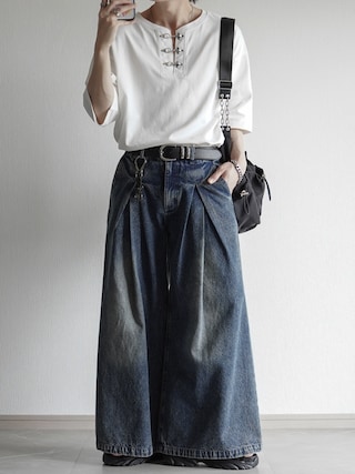 「ELLUV(エルブ)の【ELLUV/エルヴ】ファインコットンスムース ファイヤーマンバックル 半袖 ヘンリーネックTシャツ/接触冷感 UVカット(Tシャツ/カットソー)」を使った、翔【低身長コーデ】さん(メンズ・167cm)の夏コーディネート