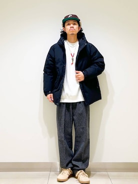 「ワッフル」｜「アイテム（ダウンジャケット/コート）」を使った、DAIKI TAKEYAさん（メンズ・165cm）の冬コーディネート