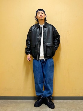 「アイテム（ライダースジャケット）」を使った、DAIKI TAKEYAさん（メンズ・165cm）の秋コーディネート