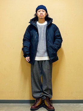 「アイテム（ニットキャップ/ビーニー）」を使った、DAIKI TAKEYAさん（メンズ・165cm）の冬コーディネート