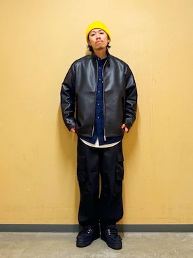 「アイテム（ライダースジャケット）」を使った、DAIKI TAKEYAさん（メンズ・165cm）の秋コーディネート