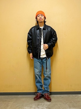 「アイテム（ライダースジャケット）」を使った、DAIKI TAKEYAさん（メンズ・165cm）の秋コーディネート