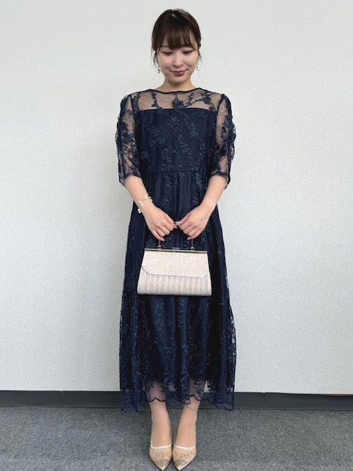 セール】花柄 刺繍 ミディ丈 チュール 後ろリボン ウエスト調整 細見え