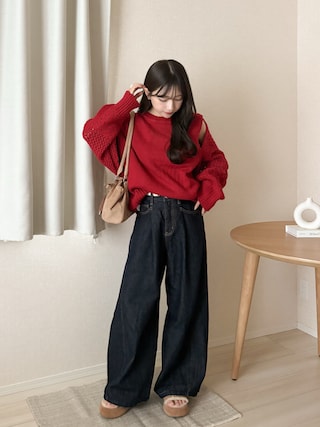 「LILY BROWN(リリーブラウン)のタックワイドクラシックデニムパンツ(デニムパンツ)」を使った、amiさん(レディース・148cm)の秋コーディネート
