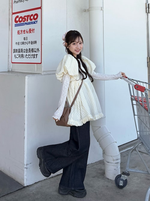 「AMELY（エミリー）のぽわん袖ギンガムチェックトップス（Tシャツ/カットソー）」を使った、amiさん（レディース・148cm）の春コーディネート