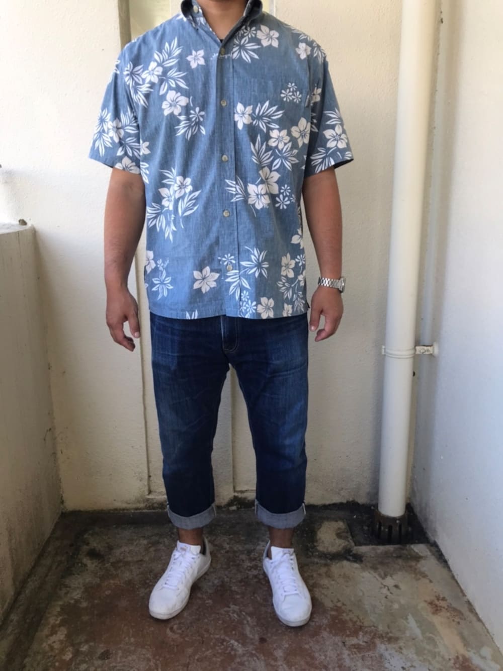 「沖縄、沖縄スタイル、アロハシャツ、かりゆしウェア」｜「PAIKAJIのアイテム（シャツ/ブラウス、ブルー系）」を使った、沖縄　ハイサイさん（メンズ・173cm）の秋コーディネートの1枚目の写真