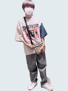 「ストライプパンツ」｜「アイテム（スウェットパンツ）」を使った、ryt0102さん（メンズ・157cm）の夏コーディネート