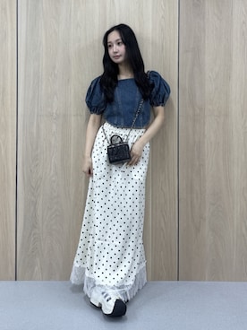 「CALNAMUR（カルナムール）のドット柄レース付きヘムマーメイドスカート（スカート、ホワイト系）」を使った、ayahaさん（レディース・155cm）の夏コーディネート
