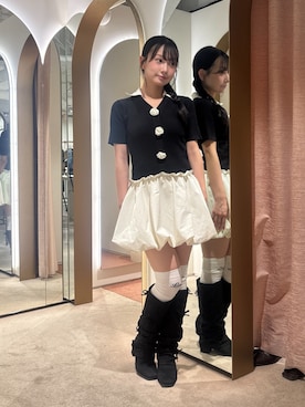 「CALNAMUR（カルナムール）のニットコンビバルーンワンピース（ワンピース、ブラック系）」を使った、ayahaさん（レディース・155cm）の秋コーディネート