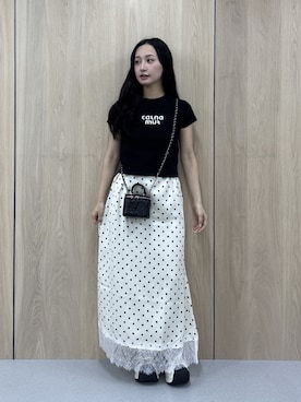 「CALNAMUR（カルナムール）のドット柄レース付きヘムマーメイドスカート（スカート、ホワイト系）」を使った、ayahaさん（レディース・155cm）の夏コーディネート