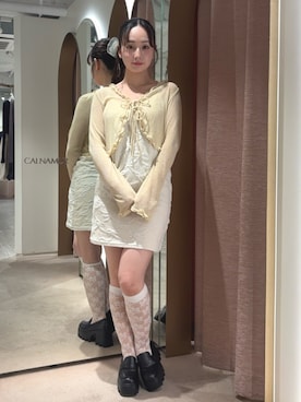 「CALNAMUR（カルナムール）のリボンジャガードキャミワンピース（ワンピース、ホワイト系）」を使った、ayahaさん（レディース・155cm）の春コーディネート