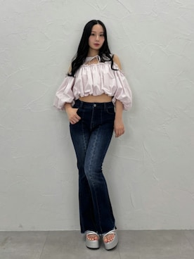 「CALNAMUR（カルナムール）のカッティングオフショルブラウス（シャツ/ブラウス、ピンク系）」を使った、ayahaさん（レディース・155cm）の夏コーディネート
