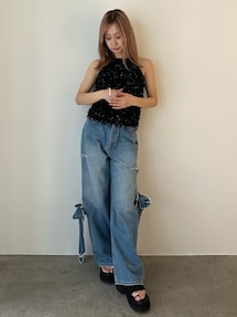 CALNAMUR/カルナムール 2WAY リボンディティールデニム セール】2WAY RIBBON DETAILS DENIM/2WAY リボンディティール