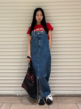 「CALNAMUR（カルナムール）のナイロントートロゴバッグ（トートバッグ、ブラック系）」を使った、ayahaさん（レディース・155cm）の夏コーディネート