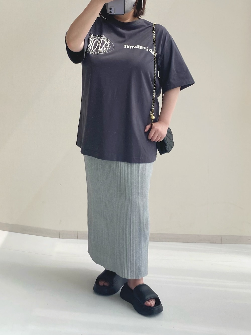 グレー系のTシャツ/カットソー、シルバー系のスカートを着用したレディースの夏コーディネートの1枚目の写真