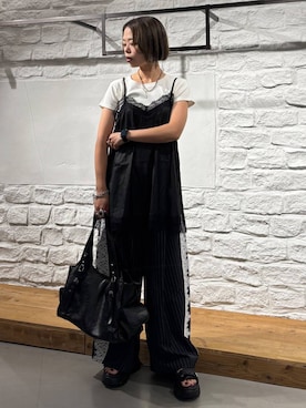 「PAGEBOY（ページボーイ）のレザーライクレースドッキングキャミ（キャミソール、ブラック系）」を使った、えみちさん（レディース・155cm）の夏コーディネート