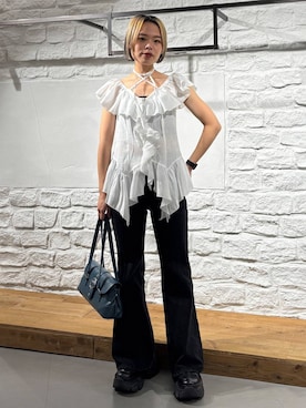 「PAGEBOY（ページボーイ）のプラットチャンキースニーカー【3サイズ展開・軽量】（スニーカー、ブラック系）」を使った、えみちさん（レディース・155cm）の夏コーディネート