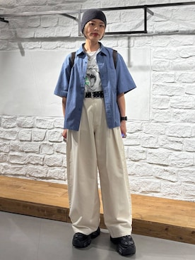 「PBLIM（ページボーイリム）の《UNISEX》チェッククロップドシャツ（シャツ/ブラウス、ブルー系）」を使った、えみちさん（レディース・155cm）の夏コーディネート