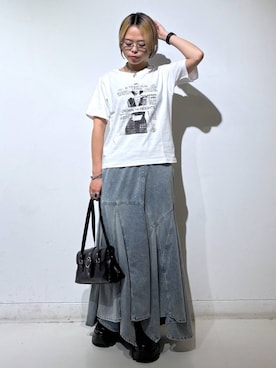 「PAGEBOY（ページボーイ）のコラージュT/半袖Tシャツ（Tシャツ/カットソー、ホワイト系）」を使った、えみちさん（レディース・155cm）の夏コーディネート