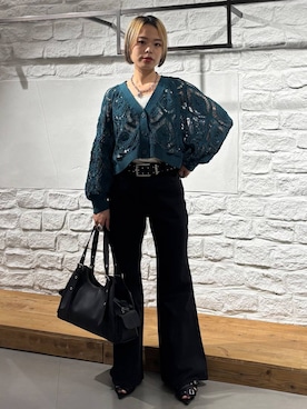 「PAGEBOY（ページボーイ）のスカシリーフニットボレロ 【一部カラーWEB限定/新色追加】（カーディガン/ボレロ、グリーン系）」を使った、えみちさん（レディース・155cm）の夏コーディネート