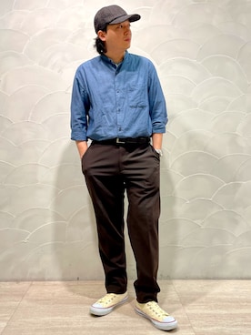 「ノーカラーシャツ」｜「アイテム（帽子）」を使った、ひろあきさん（メンズ・168cm）の秋コーディネート