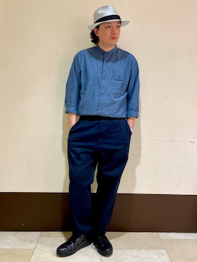 「ノーカラーシャツ」｜「アイテム（帽子）」を使った、ひろあきさん（メンズ・168cm）の夏コーディネート