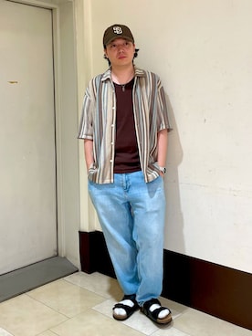 「サンダルに靴下」｜「アイテム（キャップ）」を使った、ひろあきさん（メンズ・168cm）の夏コーディネート