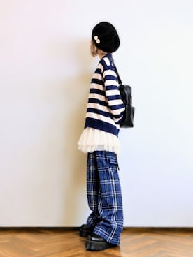 「e-zakkamania stores（イーザッカマニアストアーズ）のアイテム（ハンチング/ベレー帽、ブラック系）」を使った、あいさん（レディース・153cm）の秋コーディネート