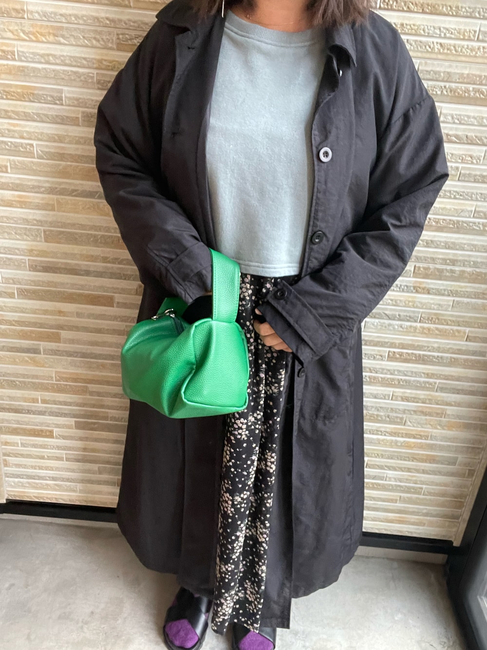「ごきげんウィーク、休日スタイル、春夏コーデ、今日のコーデ、ootd、ロングスカート、着回しコーデ、低身長」｜「SANSeLFの【SANSeLF】Se 2way porch bag sana21a001（ハンドバッグ、グリーン系）」を使った、あじさん（レディース・153cm）の春コーディネートの1枚目の写真
