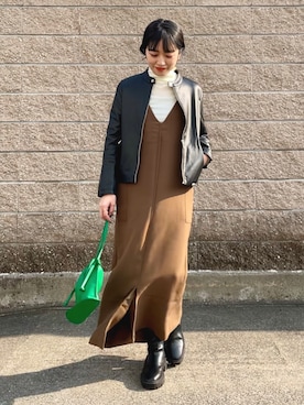 「巾着バッグ」｜「アイテム（ライダースジャケット）」を使った、CHISAさん（レディース・158cm）の冬コーディネート