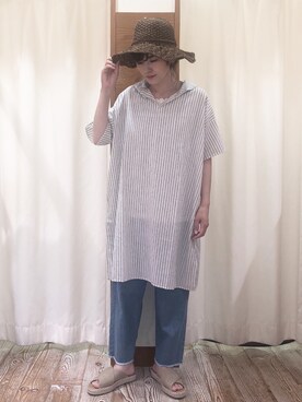 「Samansa Mos2（サマンサ モスモス）の【クールコットン】柄アソートスキッパーチュニック（シャツ/ブラウス）」を使った、syk1302さん（レディース・160cm）の夏コーディネート