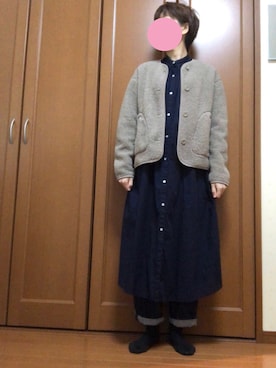 「UNIQLO（ユニクロ）のフリースノーカラージャケット（長袖）（その他アウター）」を使った、すずめさん（レディース・160cm）の秋コーディネート