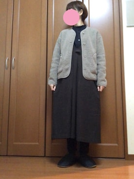 「UNIQLO（ユニクロ）のフリースノーカラージャケット（長袖）（その他アウター）」を使った、すずめさん（レディース・160cm）の冬コーディネート