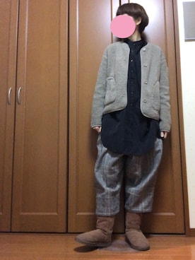 「UNIQLO（ユニクロ）のフリースノーカラージャケット（長袖）（その他アウター）」を使った、すずめさん（レディース・160cm）の冬コーディネート