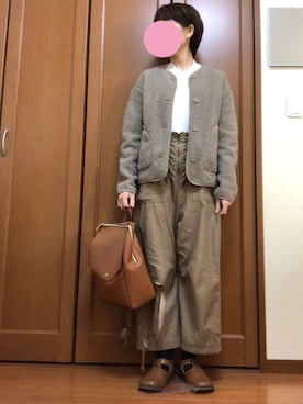 「UNIQLO（ユニクロ）のフリースノーカラージャケット（長袖）（その他アウター）」を使った、すずめさん（レディース・160cm）の秋コーディネート