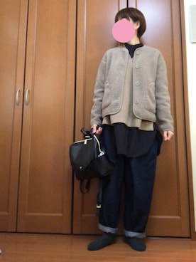 「UNIQLO（ユニクロ）のフリースノーカラージャケット（長袖）（その他アウター）」を使った、すずめさん（レディース・160cm）の冬コーディネート