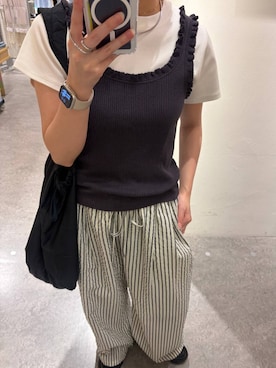 「LOWRYS FARM（ローリーズファーム）のステンレスフープチョーカー 127295（チョーカー、シルバー系）」を使った、kuboさん（レディース・161cm）の春コーディネート
