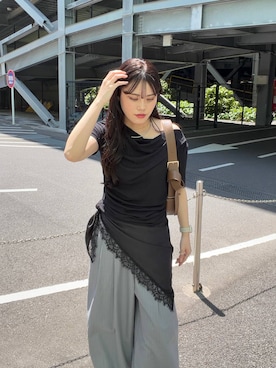 「LOWRYS FARM（ローリーズファーム）のステンレスフープチョーカー 127295（Choker、シルバー系）」を使った、kuboさん（レディース・161cm）の夏コーディネート