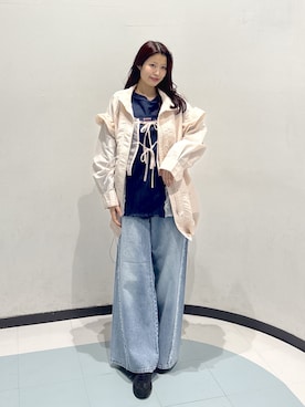 「w closet（ダブルクローゼット）の【さらっと羽織れるナイロン素材】フリルモッズコート（ブルゾン、ピンク系）」を使った、アベさん（レディース・164cm）の春コーディネート