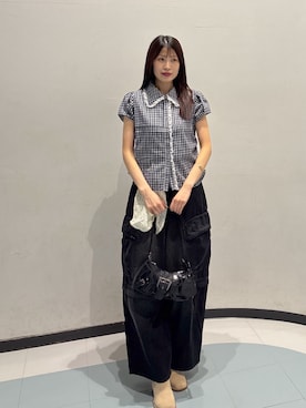 「w closet（ダブルクローゼット）の【セットアップ対応】丸衿チェックシャツ（シャツ/ブラウス、ブルー系）」を使った、アベさん（レディース・164cm）の夏コーディネート
