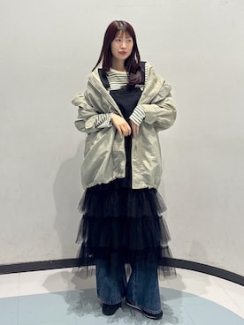 「w closet（ダブルクローゼット）のフリルモッズコート（ブルゾン、グリーン系）」を使った、アベさん（レディース・164cm）の冬コーディネート