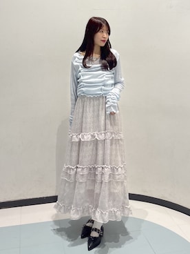 「w closet（ダブルクローゼット）のフロントギャザープルオーバー（Tシャツ/カットソー、ブルー系）」を使った、アベさん（レディース・164cm）の春コーディネート