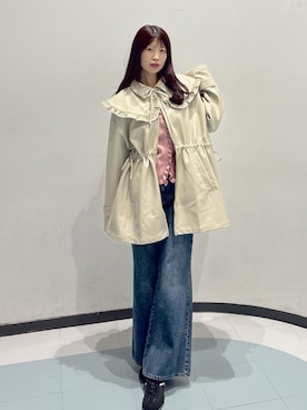 「w closet（ダブルクローゼット）のフリル衿付きPUレザージャケット（その他アウター、ベージュ系）」を使った、アベさん（レディース・164cm）の春コーディネート