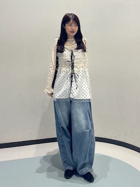 「w closet（ダブルクローゼット）のドットチュールキャミ（シャツ/ブラウス、ホワイト系）」を使った、アベさん（レディース・164cm）の春コーディネート