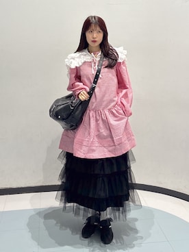 「w closet（ダブルクローゼット）の衿付きミニワンピース（スカート、レッド系）」を使った、アベさん（レディース・164cm）の春コーディネート