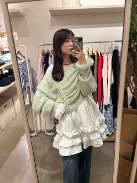 「w closet（ダブルクローゼット）の【5色展開】ラメメッシュドロストニット（ニット/セーター、グリーン系）」を使った、アベさん（レディース・164cm）の春コーディネート