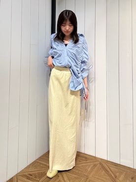 「Ungrid（アングリッド）のピーチ起毛フィットフレアスカート（スカート、イエロー系）」を使った、多田詩音さん（レディース・152cm）の春コーディネート